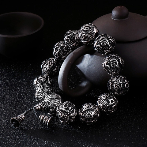 Men Retro Stainless Steel Beaded Bracelet Mantra Script Buddhist Hand Woven Rope Jewelry With Bell Charms