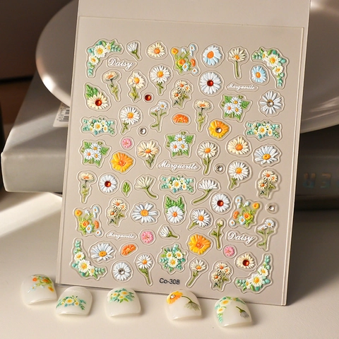 5D Embossed Nail Art Stickers Waterproof 3D Relief Flower Daisy Tulip Heart Butterfly Rhinestone Decals DIY Manicure Decorations For Women