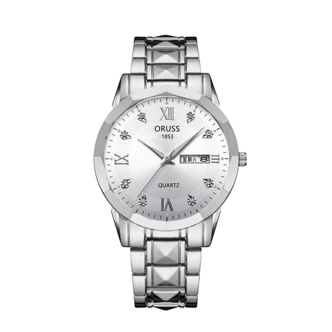Men Quartz Watch Stainless Steel Strap Waterproof Dual Calendar Date Week Rhinestone Dial Business Casual