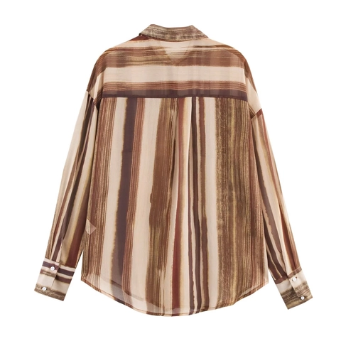 Gestreept Chiffon Blouse Voor Dames Lange Mouwen Reverskraag Knoopsluiting Overhemd Met Zakken Casual Losse Top