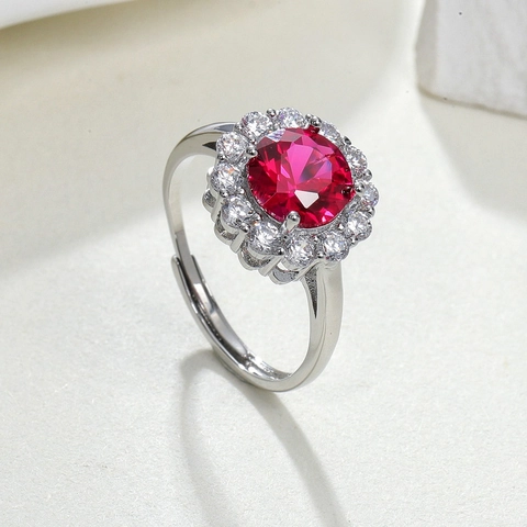 Luxe Halo Bloem Ring Voor Dames Koper Met Synthetische Robijn Spinel Cubic Zirconia Verstelbare Open Band Elegant