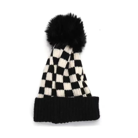 Checkerboard Knitted Beanie Hat For Kids Warm Winter Windproof Outdoor Pom Pom Cuffed Skull Cap For Boys Girls