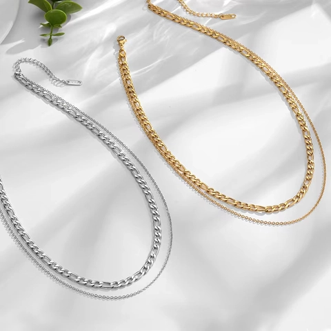 Collana A Doppio Strato Acciaio Inossidabile Placcato Oro 18K Catena Figaro Gioielli Minimalisti Per Donna