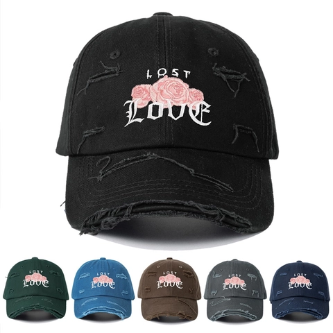 Cappello da Baseball in Cotone Distressed per Uomo Donna Vintage Lost Love Ricamo Rosa Cappello da Sole All'aperto Casual Trucker Hat