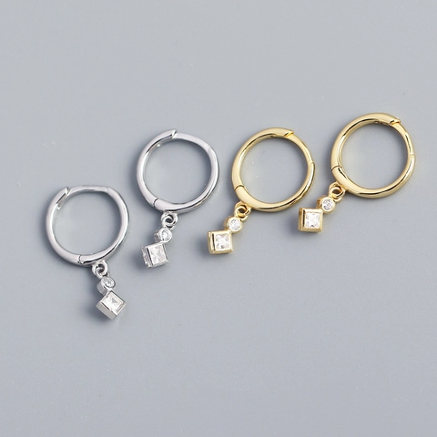 925 Sterling Silver Huggie Hoop Earrings With Square And Round Cubic Zirconia Geometric Pendant Jewelry For Women