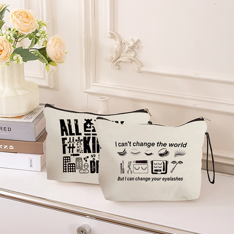 Portable Canvas Makeup Bag With Zipper Multi Functional Travel Toiletry Pouch Organizer With Wrist Strap Minimalist