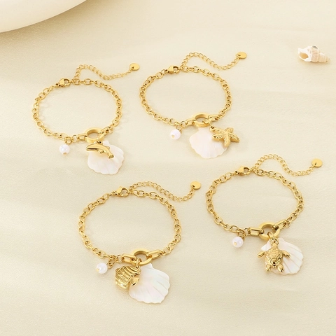Bracciale Tema Oceano Tono Oro Acciaio Inossidabile Conchiglia Perla Artificial Stella Marina Delfino Tartaruga Ciondoli Gioielli Spiaggia Donne
