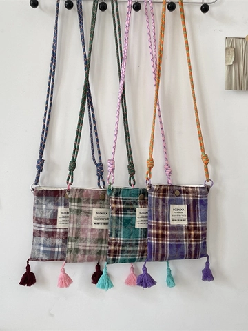 Borsa A Tracolla Vintage A Quadri Piccola Custodia Per Telefono Con Nappe E Tracolla In Corda Intrecciata Elegante