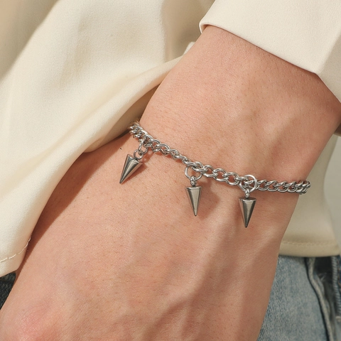 316L Stainless Steel Punk Bracelet With Spike Cone Pendants Hip Hop Industrial Style Cuban Chain For Men Women