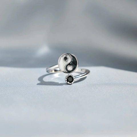 S925 Sterling Silver Yin Yang Tai Chi Ring For Women Black Blue Enamel Adjustable Open Finger Ring Fashion Jewelry