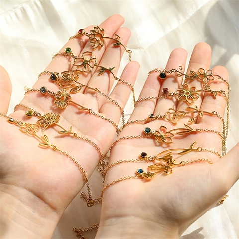 Bracciale Fiore Di Nascita In Acciaio Inossidabile Pietra Natatale Colorata Ciondolo Floreale Cavo Regalo Donne