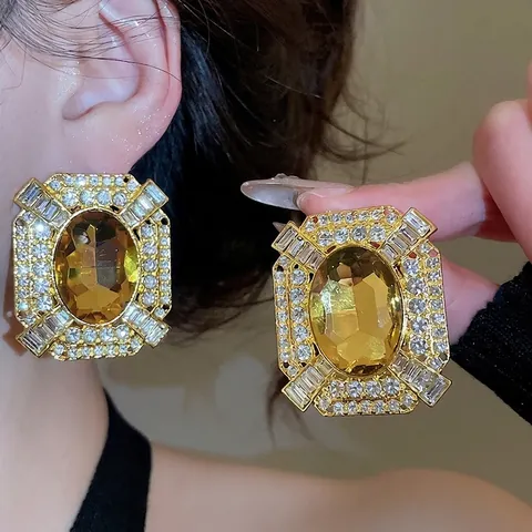Pendientes Botón Palacio Vintage Aleación Brillante Gema Ámbar Ovalada 925 Sterling Silver Earring Post Mujeres Lujo