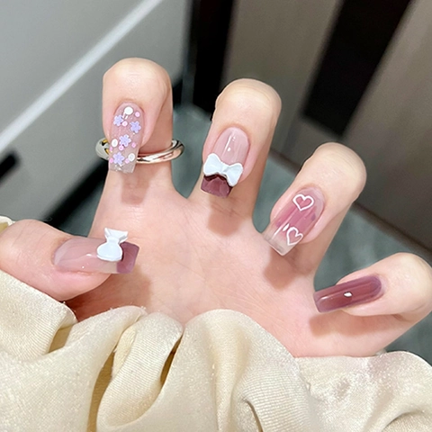 Purple Gradient Press On Nails White Bow Floral Heart Pattern French Tip Reusable Full Cover Artificial Nails For Women