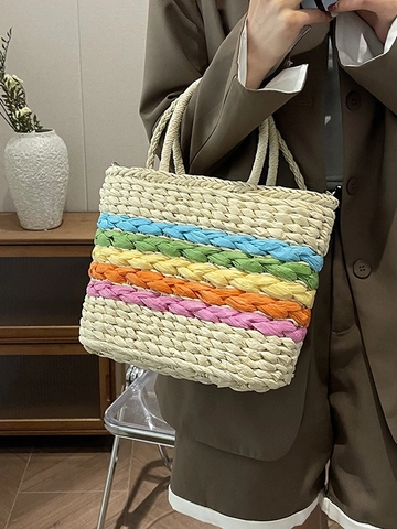 Bolso Tote Tejido De Paja Con Rayas De Arcoíris Colorblock Bolso De Mano Para Playa De Verano Para Mujeres