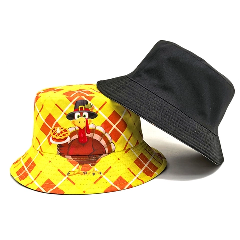 Chapeau Bob Imprimé Dinde De Thanksgiving Réversible Polyester À Carreaux Protection Solaire Pour Hommes Femmes