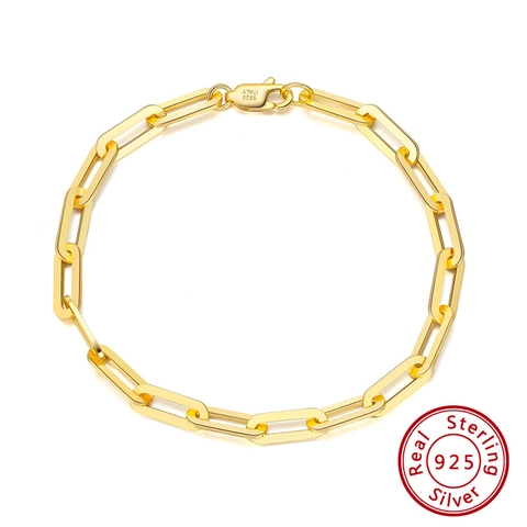 Pulsera De Cadena De Eslabones Tipo Clip En Plata De Ley 925 Bañada En Oro De 14K Joyería Minimalista Unisex