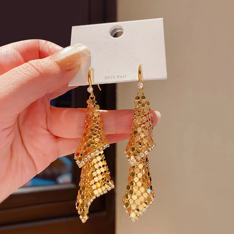 Orecchini Pendenti A Nappa In Rame Placcato Oro 18K Con Perno In Argento Sterling 925 E Zircone Per Donne