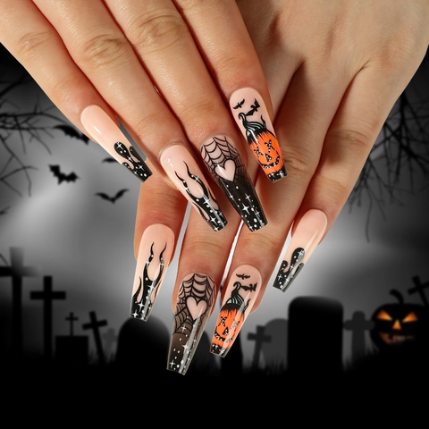 Halloween Kunstnagels Lange Coffin Fake Nails Pompoen Spinnenweb Vleermuis Ontwerp Zwart Oranje Franse Stijl Gothic Voor Dames