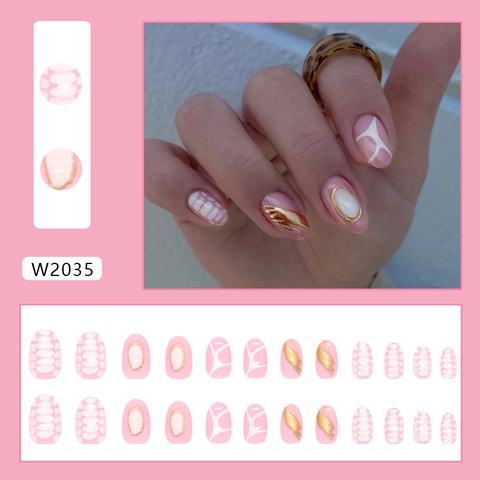 Gilded Gold Press On Nails Short Oval Artificial Fingernails White Marble Texture Sweet Cool Style Women DIY Manicure