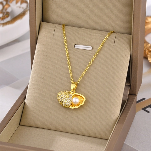 Titanstahl Muschel Künstliche Perle Anhänger Halskette Gold Silber Galvanisiert Zirkonia Elegant Ozean Stil Schmuck Für Damen