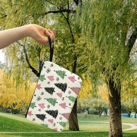 Bolsa De Maquillaje Con Patrón De Árbol De Navidad Y Copo De Nieve Neceser Cosmético Portátil De Lino Con Cremallera