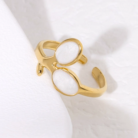 Chic Stainless Steel Open Ring 18K Gold Plated Adjustable Flower Leaf Bud Design With Enamel Inlay Jewelry For Women