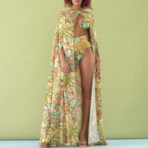 Women Bikini And Long Cover Up Ethnic Mosaic Print Bohemian Beach Vacation Swimwear Polyester