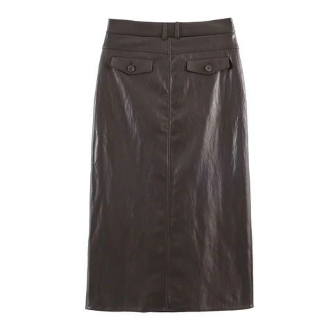 Falda Midi De Cuero Sintético Para Mujer Cintura Alta Recta Color Sólido Streetwear Moda Falda Sexy Con Bolsillos Y Abertura