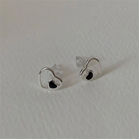 Orecchini A Lobo A Cuore Argento Sterling 925 Smalto Nero Minimalista Geometrico Estetico Stile Coreano Donna