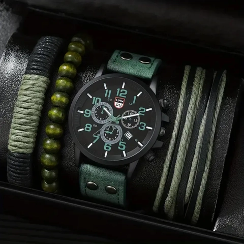 Men Quartz Watch And Bracelets Alloy Case Rivet PU Leather Strap Calendar Casual Vintage Military Gift For Him