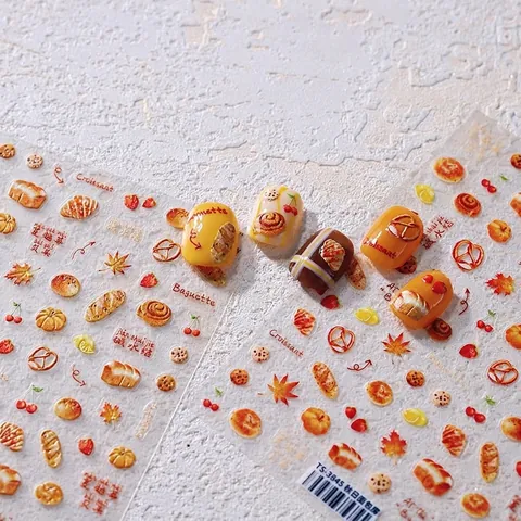 5D Reliëf Nail Art Stickers Herfst Bakkerij Thema Croissant Brood Esdoornblad Patroon Zelfklevend 3D Nagelstickers