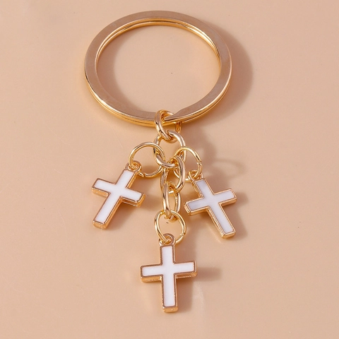 Vintage Zinc Alloy Cross Keychain With Triple Drip Oil Enamel Pendants Creative Retro Golden Key Ring For Unisex Daily Decoration Gift