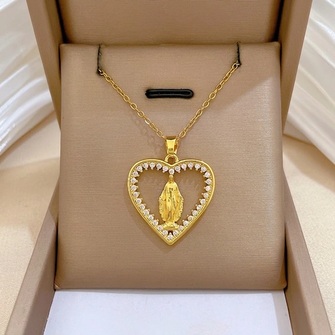Collar Colgante Corazón Virgen María Acero Inoxidable Cobre Incrustado Circón Joya Cristiana Religiosa Mujer Color Oro