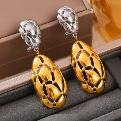 Vintage Onregelmatige Holle Ovalen Hangoorbellen Tweekleurig Goud Zilver Verguld Titanium Staal Sieraden Voor Vrouwen
