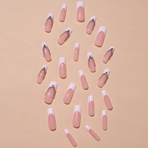 Extra Long Square Press On Nails Pink French Tip Rhinestone V Shape Detachable Fake Nails For Women Daily Party Elegant