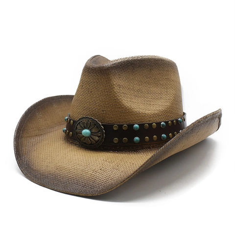 Western Cowboy Straw Hat Retro Paper Woven Sun Protection Wide Brim Ethnic Boho Turquoise Buckle Leather Band