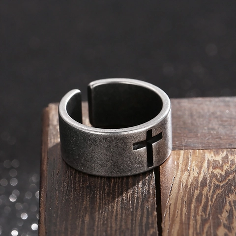 Vintage Kruis Holle Open Ring Roestvrij Staal Antiek Zilveren Afwerking Verstelbare Band Heren Gothisch Punk Sieraden