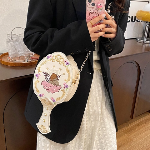 Bolso De Bandolera Con Forma De Espejo De Mano Bordado De Ángel Cuero PU Con Cadena Dorada Decoración De Perlas Artificiales Mujer