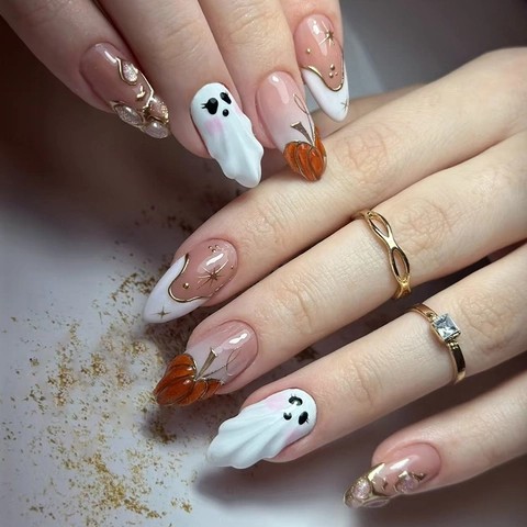 Halloween Press On Nails 3D Rilievo Fantasma Zucca Stella Carino Cool Y2K Lunghe Mandorla Unghie Finte Per Donne