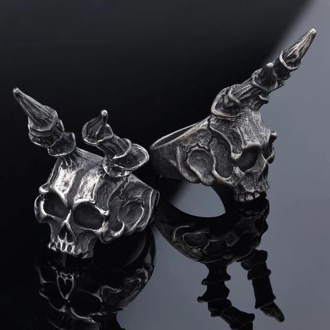 Schedel Ring Met Ramshoorns Roestvrij Staal Vintage Gothic Punk Biker Sieraden Voor Heren Geoxideerde Afwerking Metal