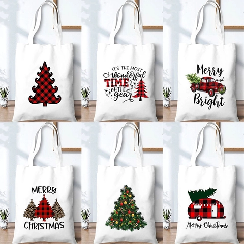 Christmas Canvas Tote Bag Reusable Shopping Handbag Festive Santa Claus Holiday Print White Cotton Shoulder Grocery Bag