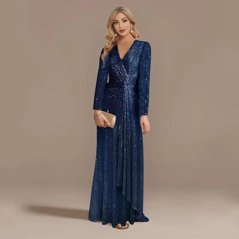 Abito Da Sera Con Paillettes Scollo A V Manica Lunga Lunghezza Pavimento Sirena Formale Banchetto Festa Donna Elegante