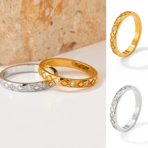 Stainless Steel Ring Quilted Rhombic Pattern Micro Inlaid Zircon Elegant Fashion Jewelry For Women