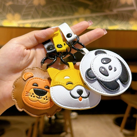 Cartoon Animal Keychain PU Leather Bag Charm Cute Lion Panda Shiba Inu Hanging Ornament For Women Girls Key Ring