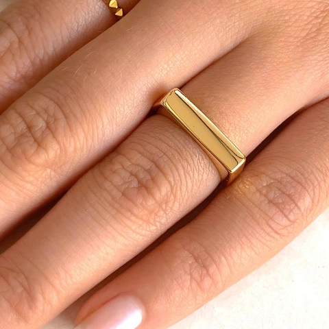 Minimalistischer Kupferring Poliert 18K Vergoldet Geometrischer Balken Siegelstil Mode Schmuck Für Damen