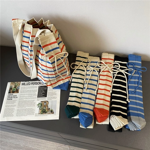 Sac Fourre-Tout Plissé Tricoté À Rayures Pour Femmes Sac À Épaule Pliable En Polyester Sac À Main Décontracté Avec Nœud