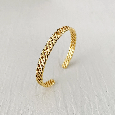 Bracelet Jonc Ouvert en Laiton Plaqué Or de Luxe pour Femmes Design Torsadé Tressé Personnalisé avec Bijoux en Perles Artificielles
