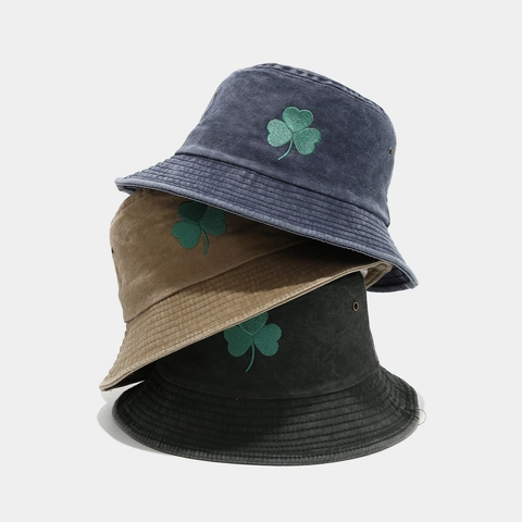 Washed Cotton Bucket Hat Green Shamrock Bestickt Sonnenschutz St Patricks Day Vintage Casual Outdoor Sonnenschutz