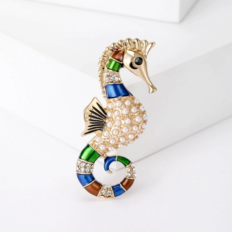Kreative Seepferdchen Brosche Legierung Künstliche Perle Strass Emaille Tier Reversnadel Schmuck Für Damen Kleidung Dekor