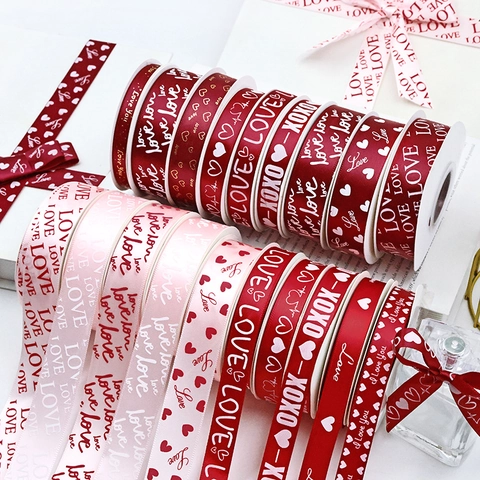 Love Heart Letter Print Satin Ribbon Polyester For Valentine's Day Wedding Gift Wrapping Cake Decorating DIY Crafts